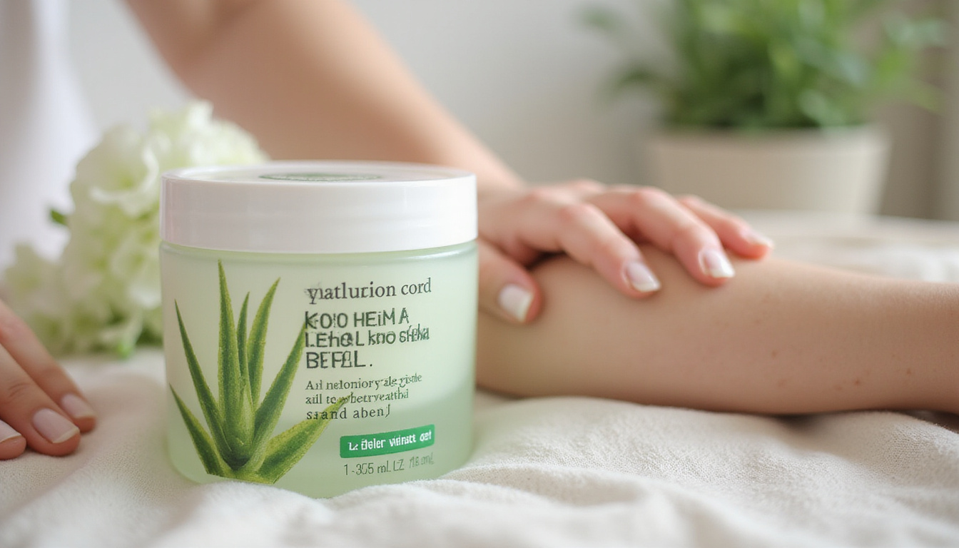  Cozy home setting with aloe vera gel, arnica cream, gentle massage on arm, calming pastel tones