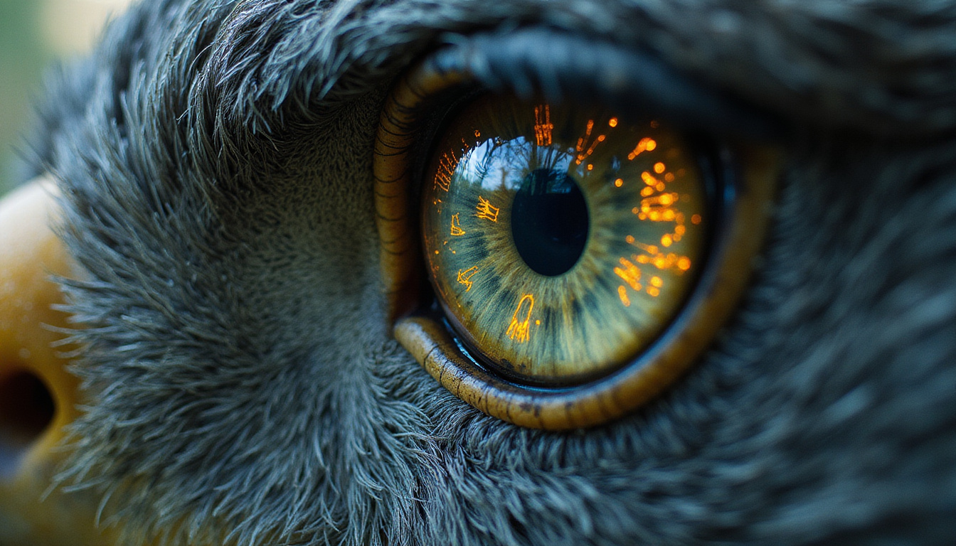  Close-up eagle eye reflecting mythic symbols, feather sigils, shadowed forest, prophetic atmosphere