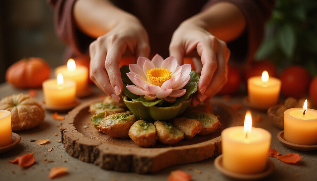  Close-up ritual: hands placing lotus and miniature food, flickering candles, mystical golden aura