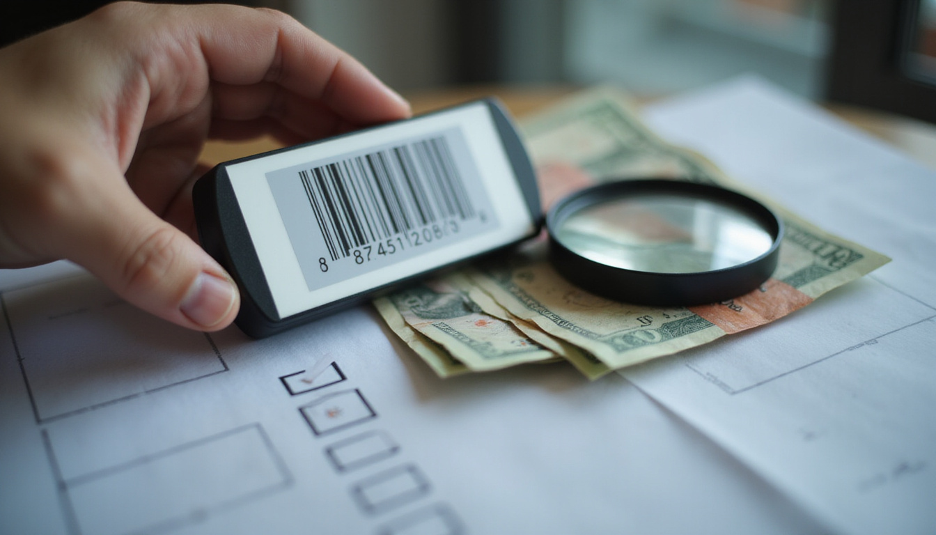 Close-up hand inspecting device barcode with magnifying glass beside secret buyback checklist and bills