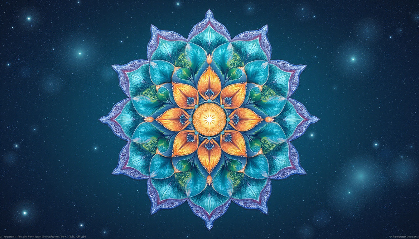 Celestial mandala blending creativity symbols: paintbrush, crown, lotus, calm teal-indigo starfield