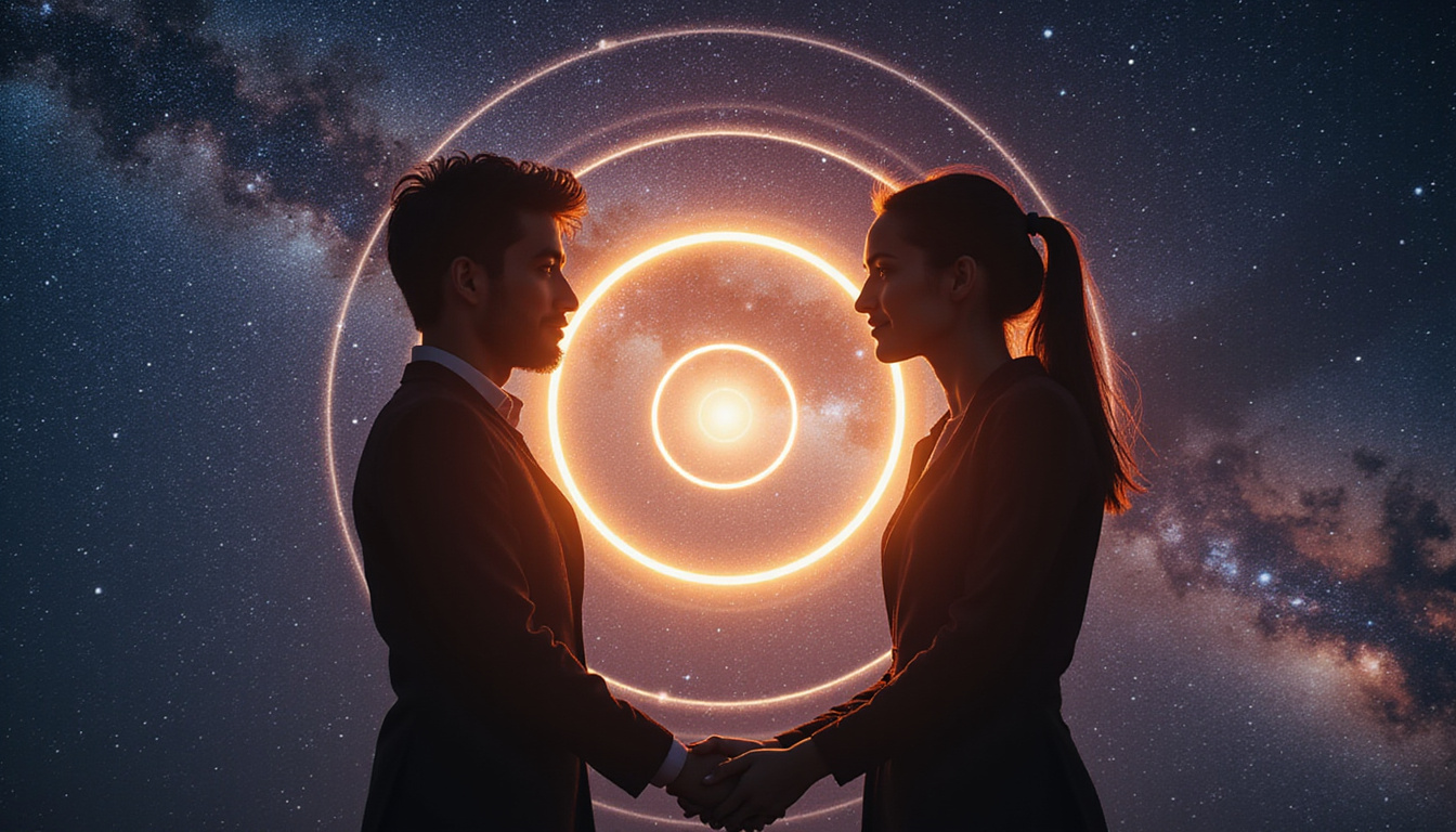 Two silhouettes exchanging glowing planetary rings, mutual reception energy, astrological chart overlay, starfield