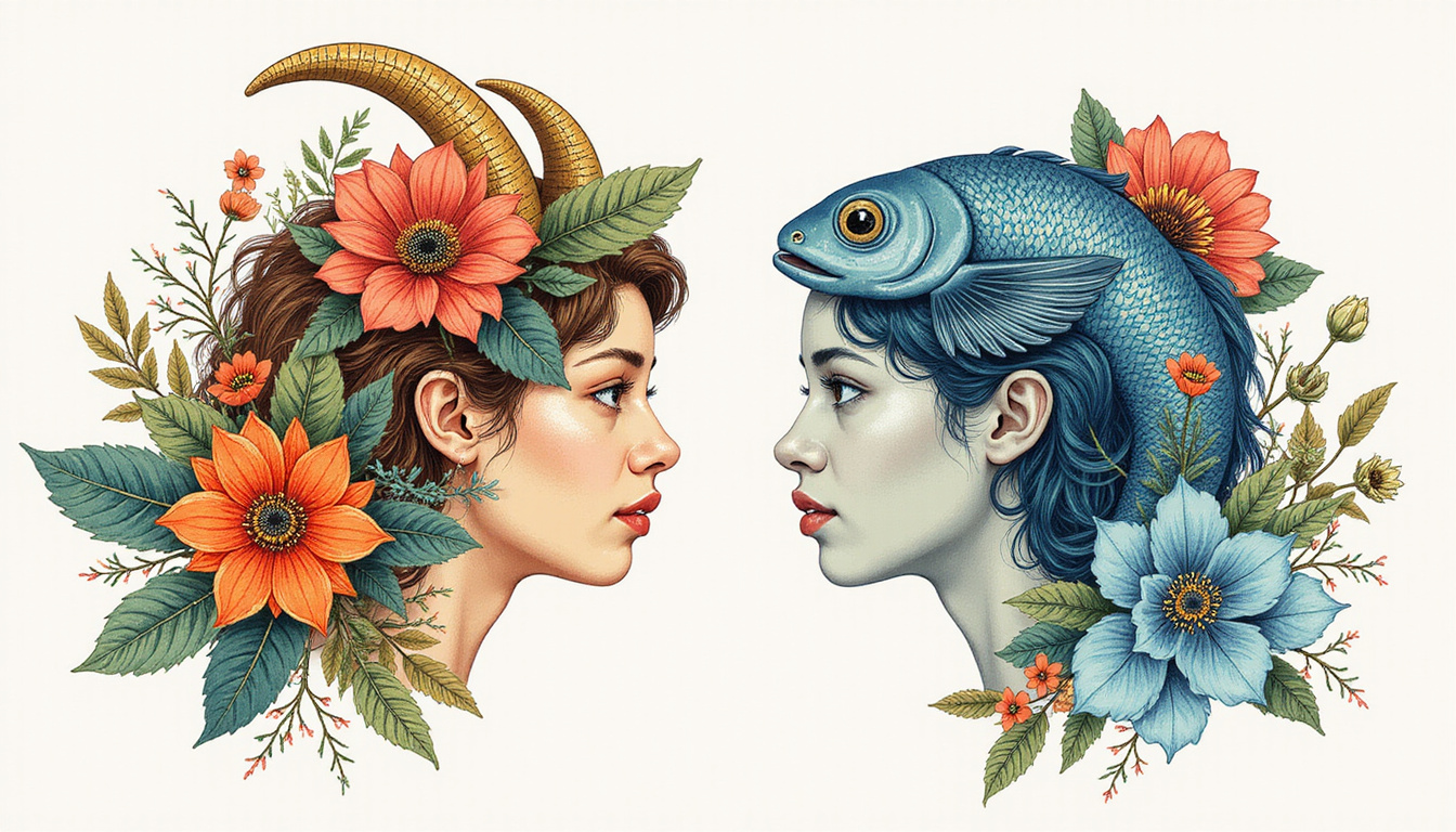 Surprising pair of lovers representing Taurus and Pisces, floral and oceanic motifs, timeless romance