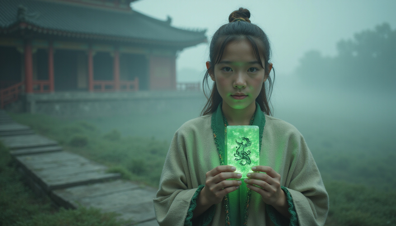Young person holding luminous jade amulet, zodiac animals emerging, yin-yang energy, misty temple