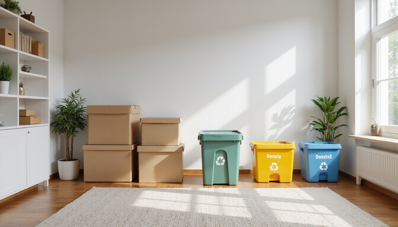  Organized minimalist living room with labeled donation boxes, recycling bins, neat shelves, serene atmosphere
