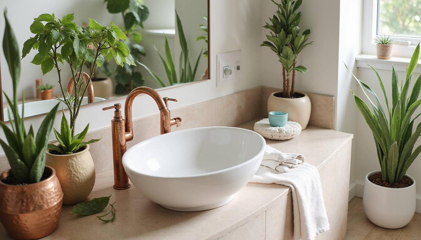  Wellness-inspired bathroom with hammered copper faucets, houseplants, soft linen, natural stone, serene spa vibe