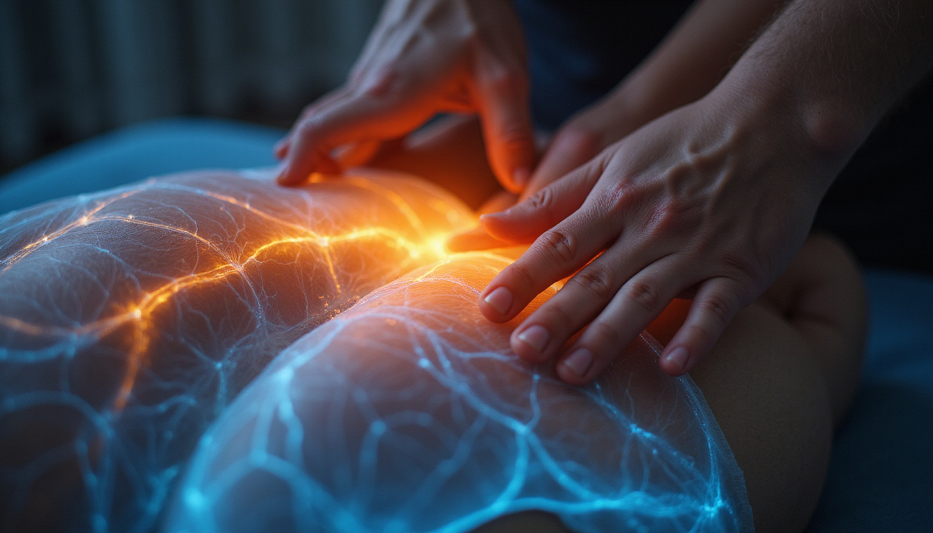 Close-up hands applying manual therapy, muscle relief visualized with glowing anatomical overlay, calm ambiance