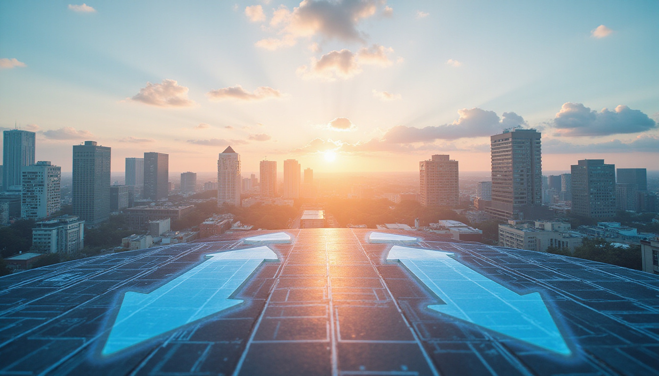  City skyline, blueprint overlays, floating cash arrows showing flexible seller financing terms, warm cinematic lighting