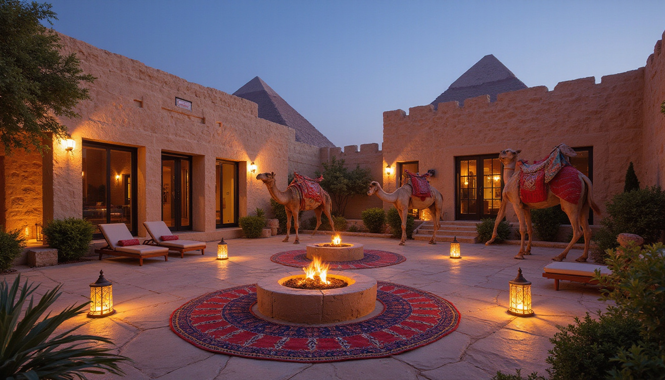  Stone courtyard with lanterns, Egyptian textiles, affordable luxury hotel near pyramids, camels at dusk