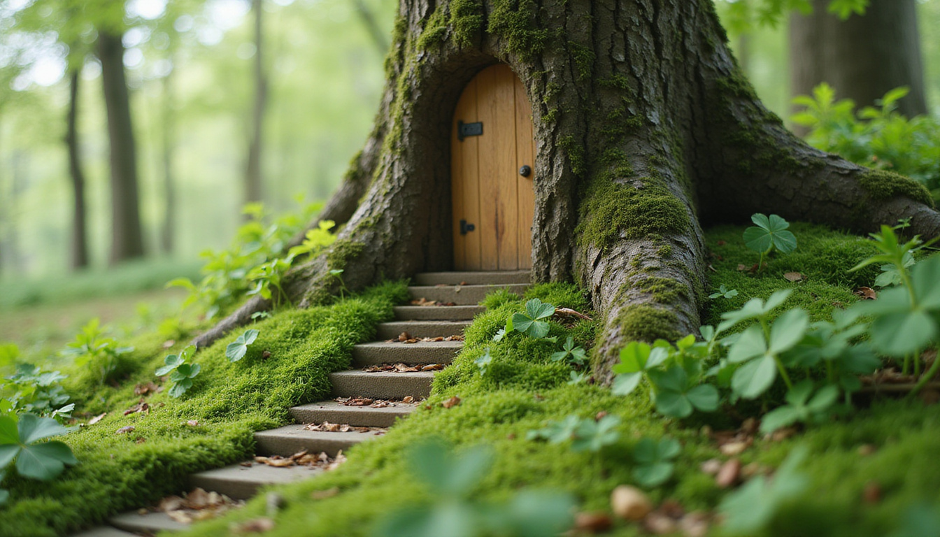  Tree base door, tiny stairs, shamrocks, bent blades of grass indicating tiny hurried footsteps