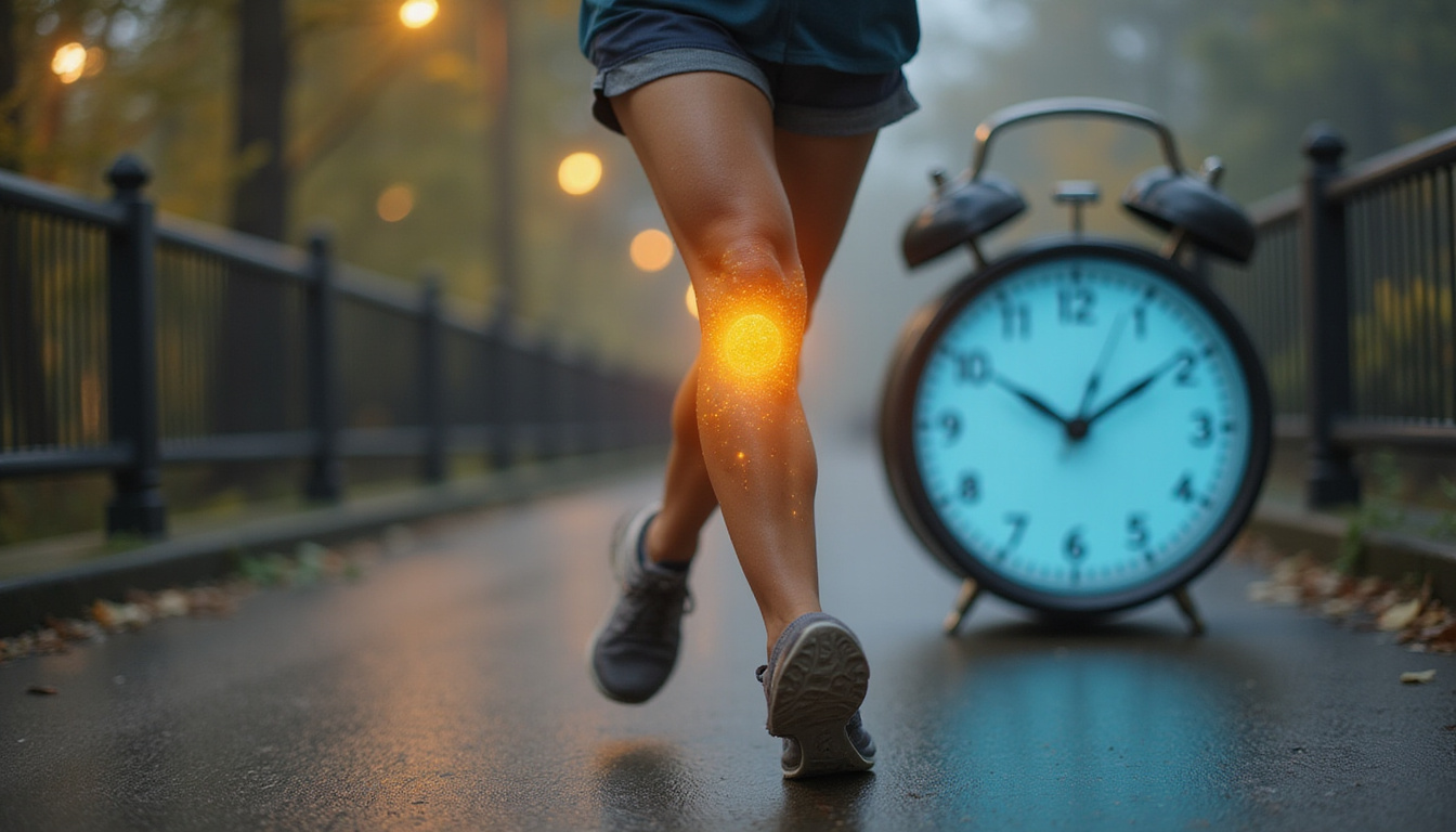 Elderly woman jogging, healed knee with hyaluronan glow, clock symbolizing fast lasting relief