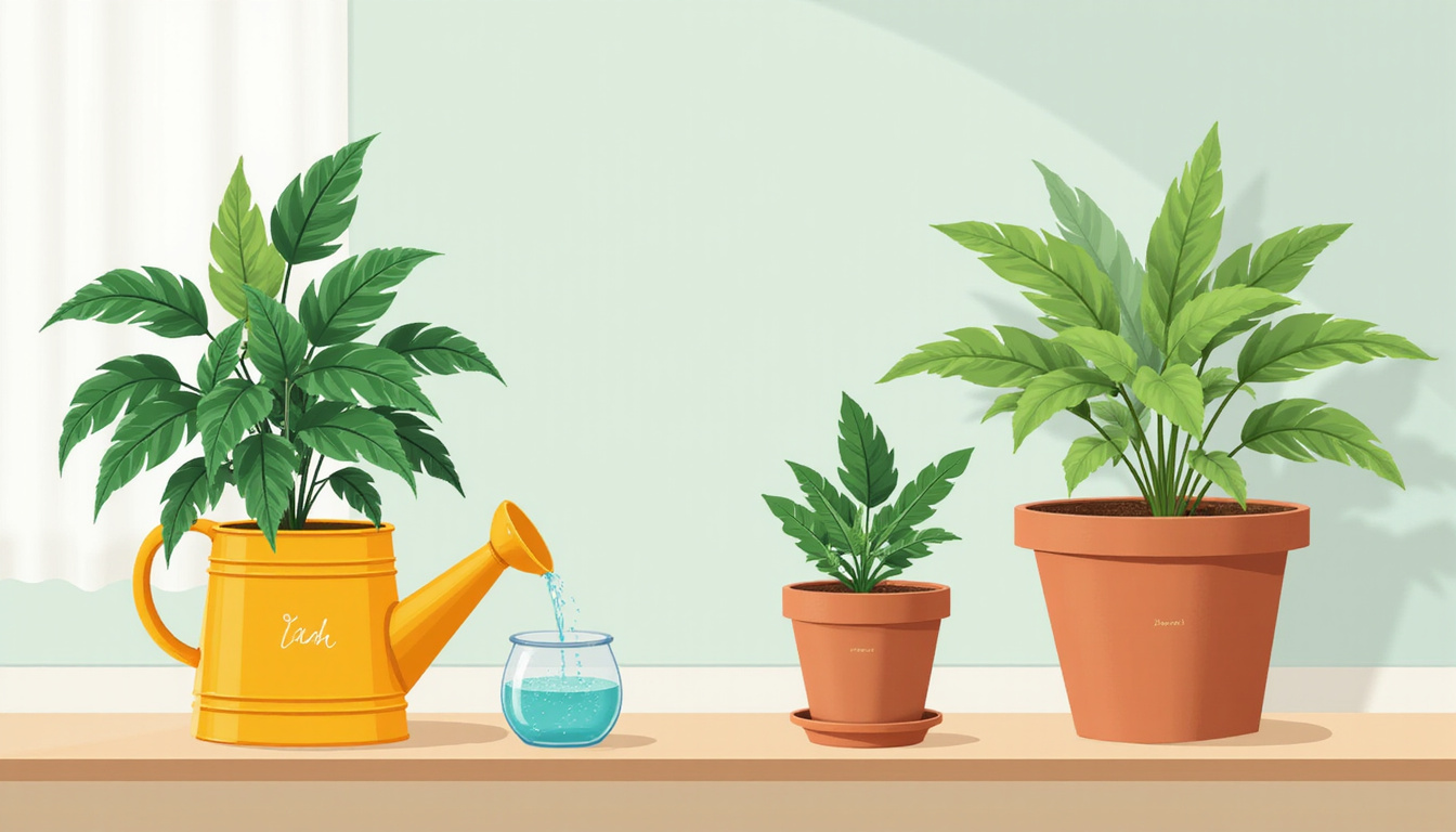  Beginner-friendly indoor plant care scene: watering can, labeled pots, lush pothos, snake plant