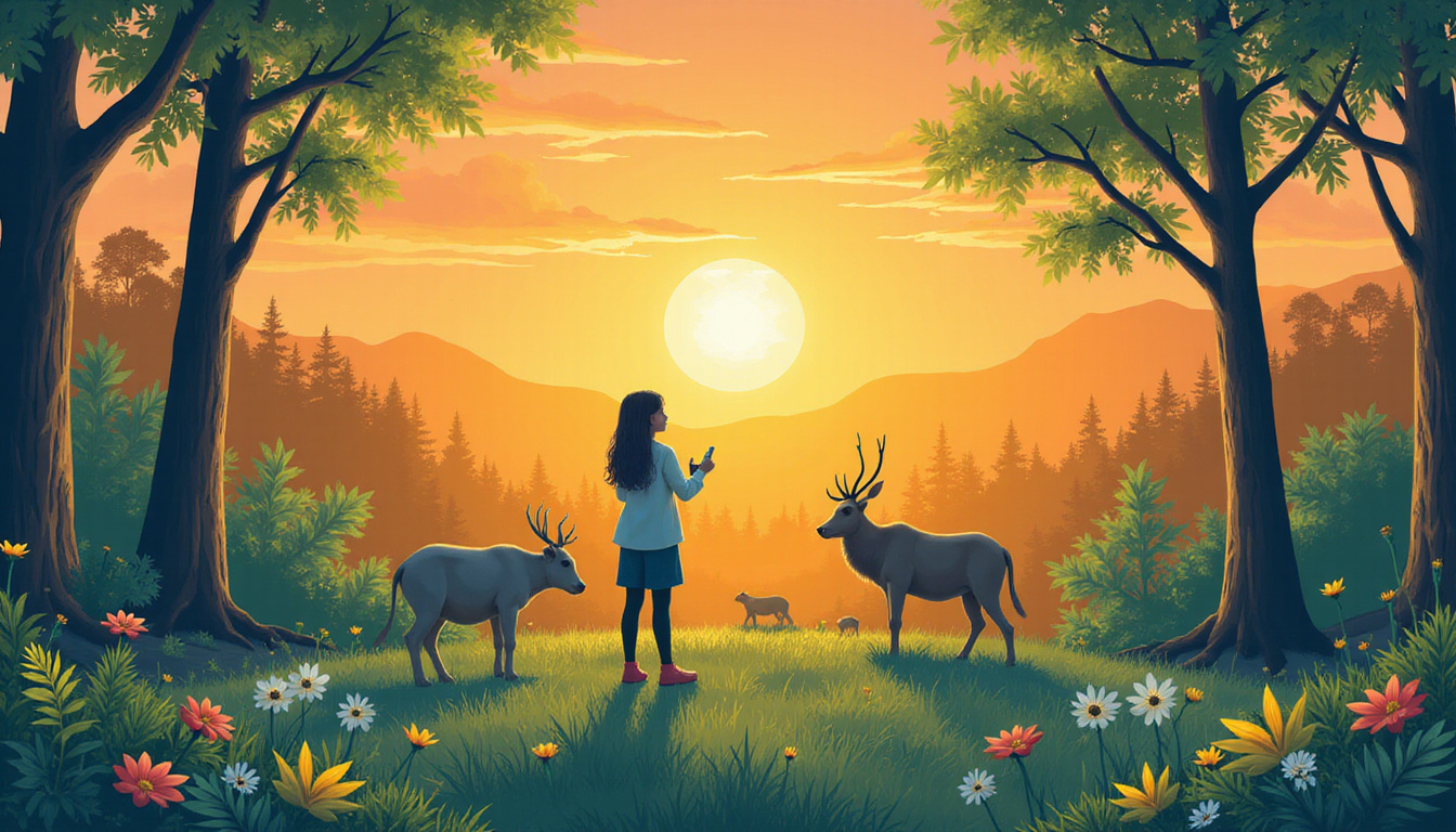  Knowledge keeper teaching youth to identify threatened species, forest classroom, symbolic motifs, hopeful sunrise