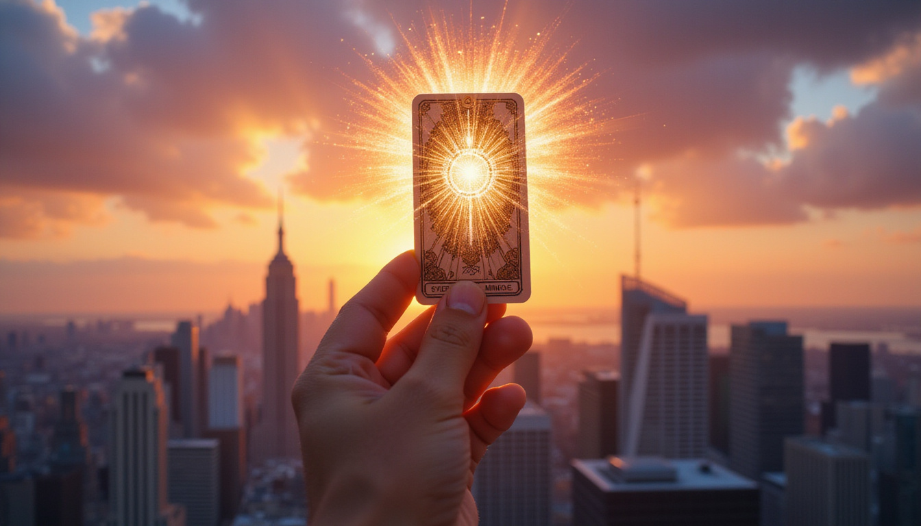 Confident person holding tarot card radiating manifestation aura, city skyline sunrise, success sigils