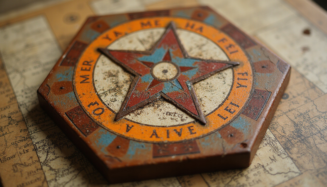 Close-up wooden hex sign with symbolic motifs, aged paint, historical map background, warm lighting