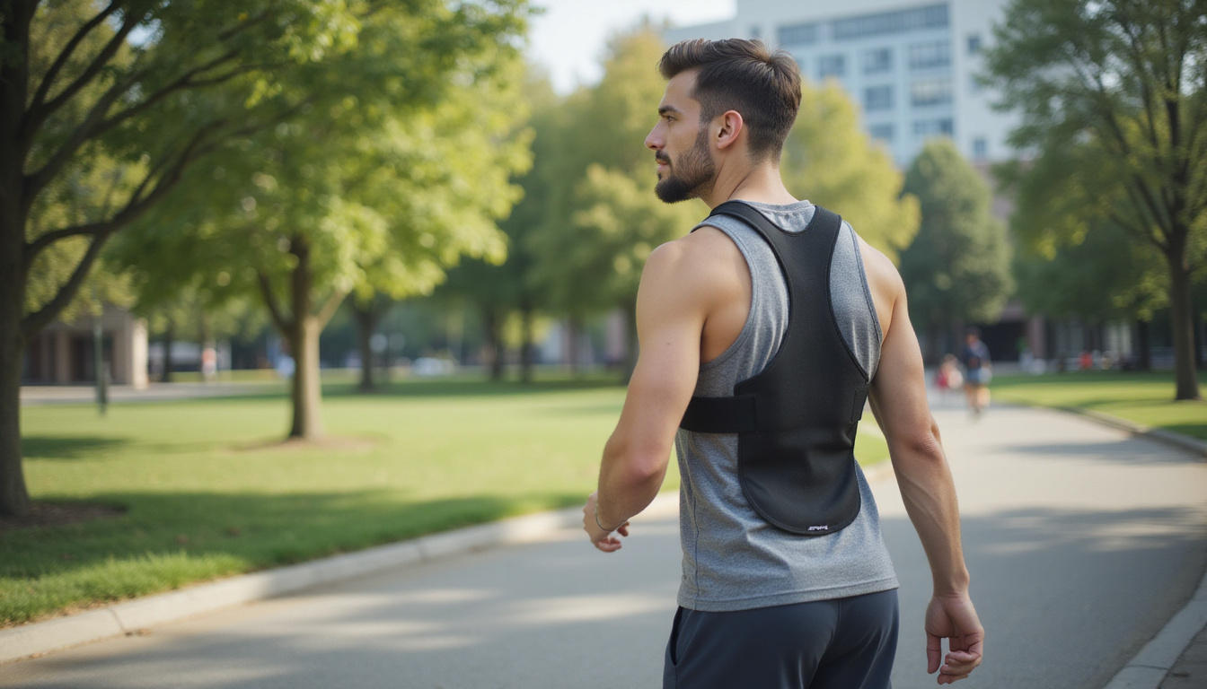Athlete walking confidently with supportive lumbar brace, urban park background, dynamic motion blur