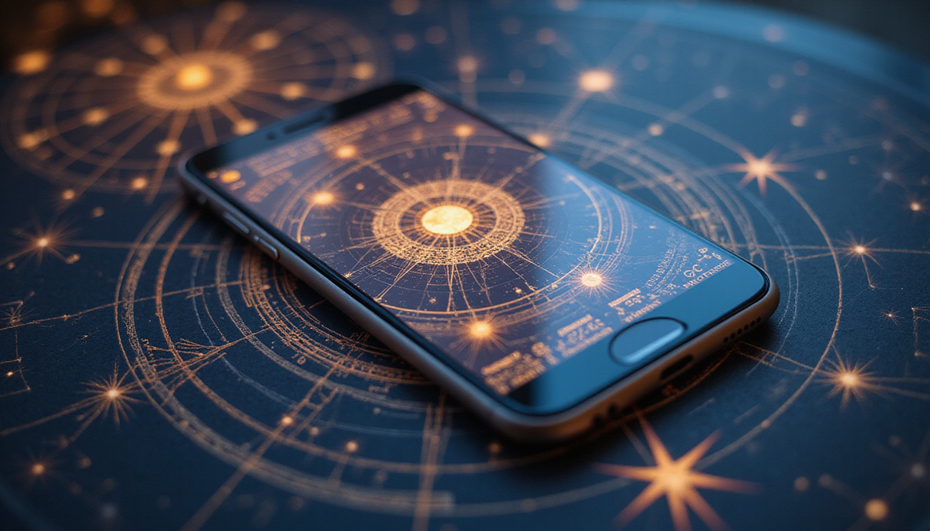  Modern horoscope app overlaying ancient Greek celestial diagrams, planets aligned, luminous geometric symbols