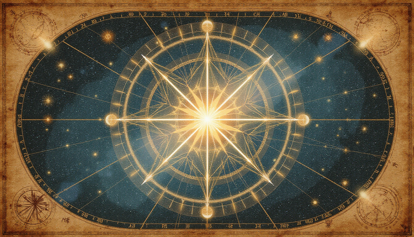 Astral map overlay revealing hidden geometric patterns, luminous midpoints, compass, vintage vellum texture