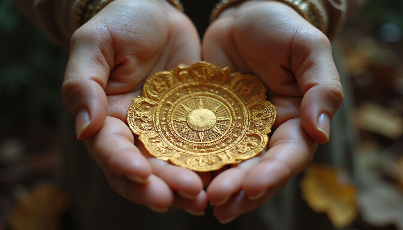  Ancient palm leaves, gold astrological diagrams, kundali overlays, warm intimate hands touching