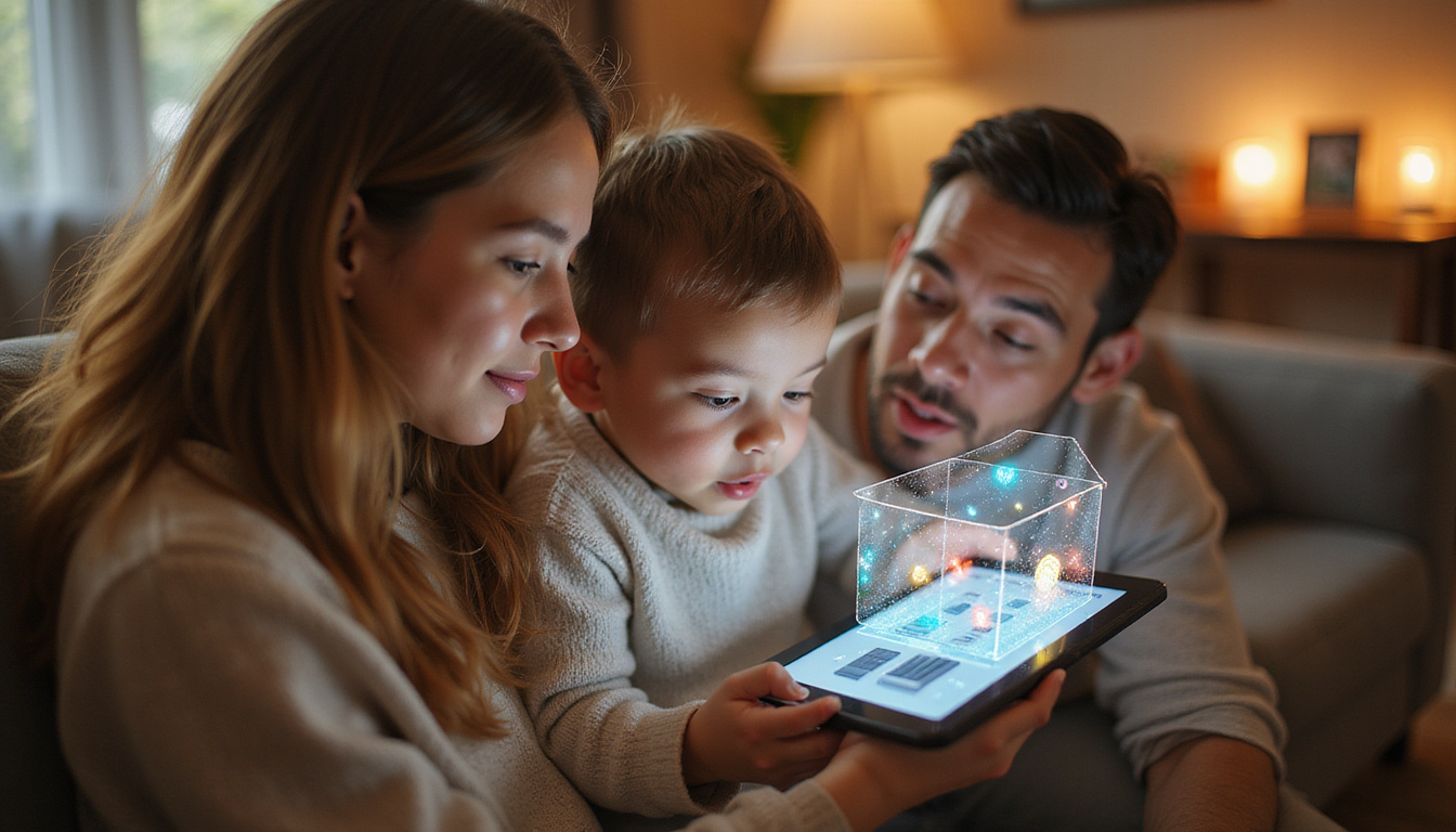 Warm family using tablet, holographic smart-home interface, voice assistant, sustainable solar batteries