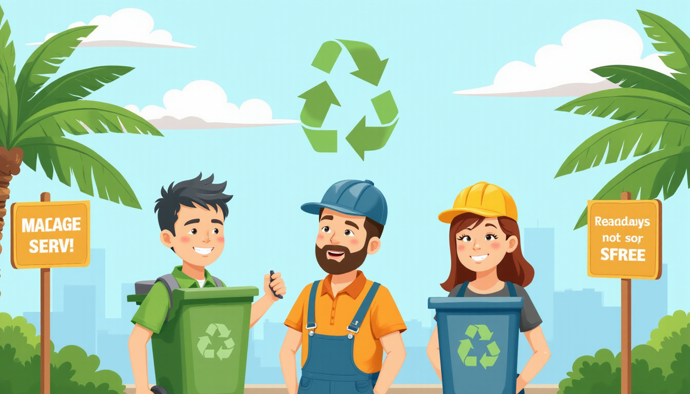  Eco-friendly recycling icons, smiling technicians, affordable service sign, palm trees, bright sunny afternoon