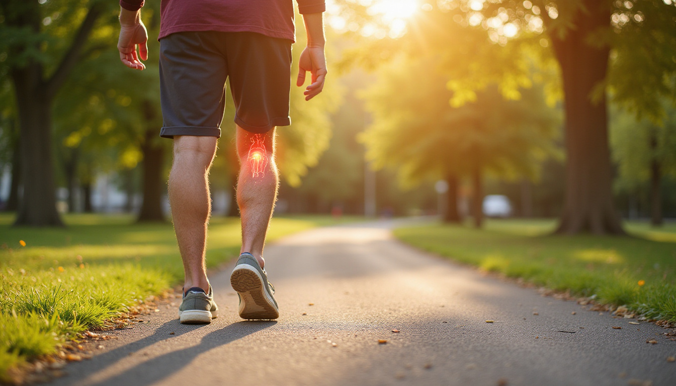  Elderly person walking pain-free in sunlit park, ethereal peptide molecules surrounding knee joint