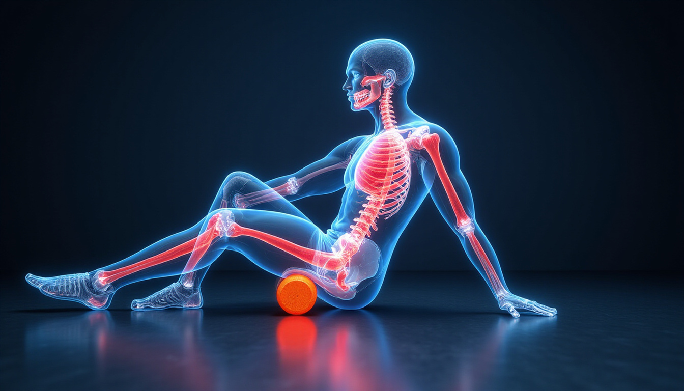 High contrast cutaway anatomy overlay showing rotator cuff activation during serve, athlete stretching with foam roller