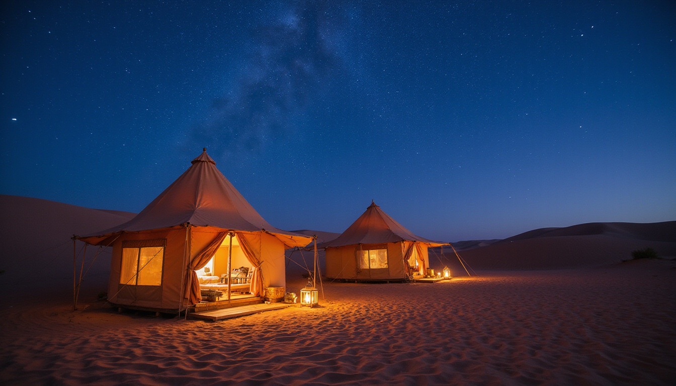 secluded desert retreat tents, Bedouin-inspired luxury, lantern-lit dunes under starry sky, serene ambience