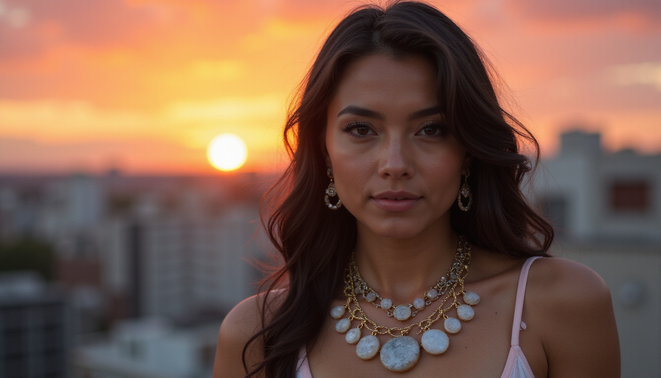  Portrait of empowered woman wearing layered moonstone necklaces, bold makeup, urban sunset empowerment