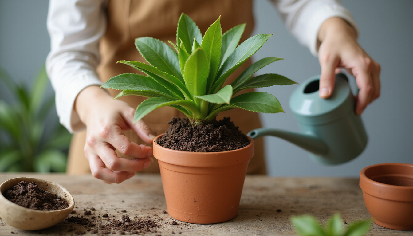  Indoor gardening scene: hands repotting clivia in terracotta pot, peat mix, watering can