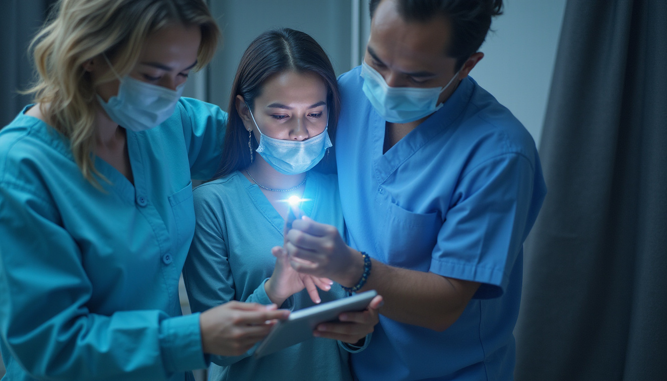  Concerned clinician adjusting patient care plan as shadowy flaws emerge from a tablet screen