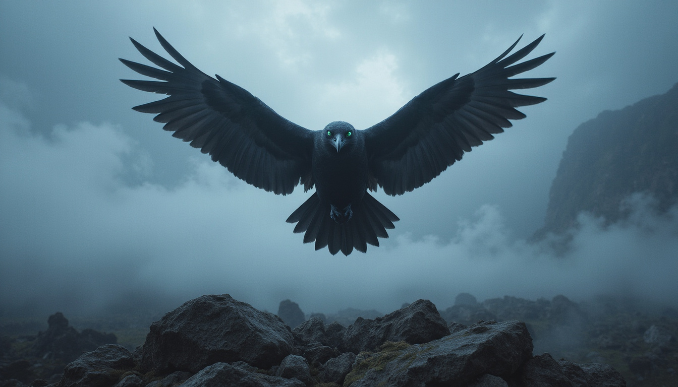  Black raven soaring over misty battlefield, Norse myths, glowing eyes, prophetic omens