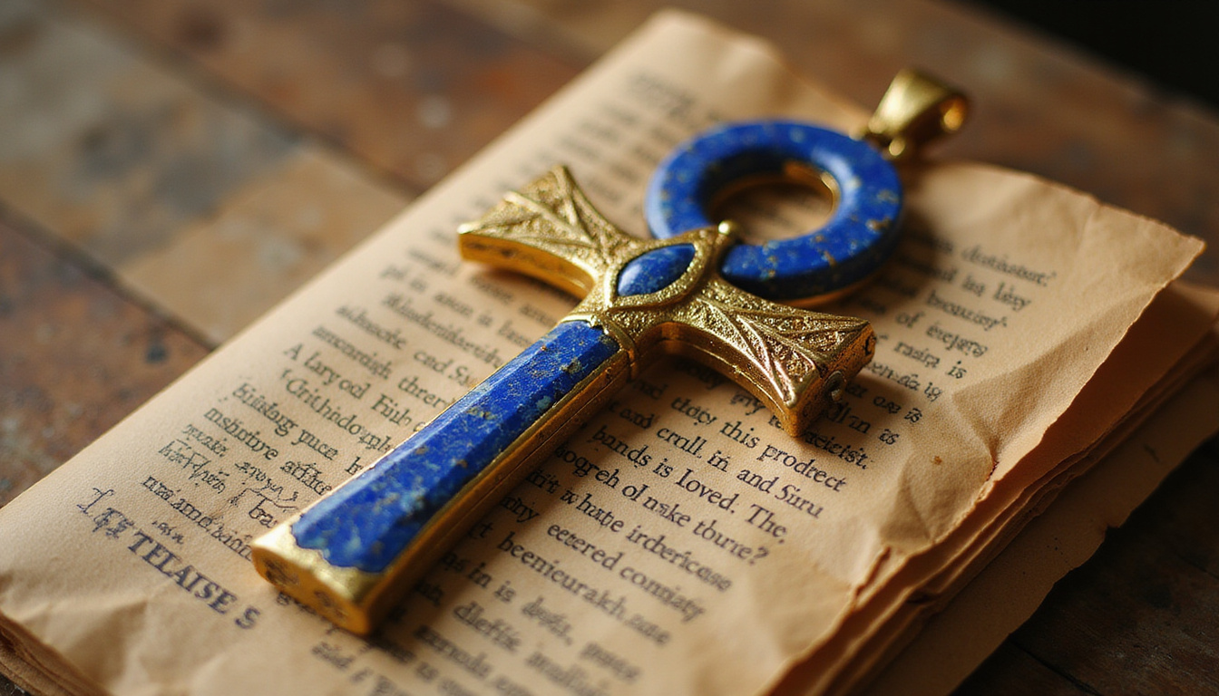  Ornate lapis and gold ankh pendant resting on weathered papyrus, protective spells radiating
