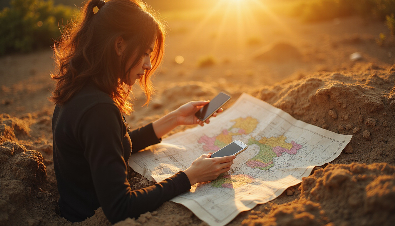  Modern woman consulting ancient soil charts with smartphone overlay, warm golden light, surreal realism