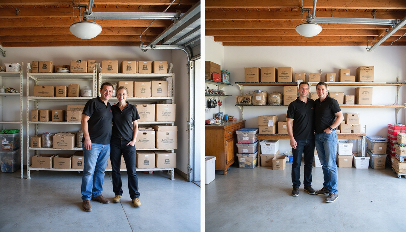 Garage before-and-after, organized shelves, labeled donation boxes, smiling pros, warm California light