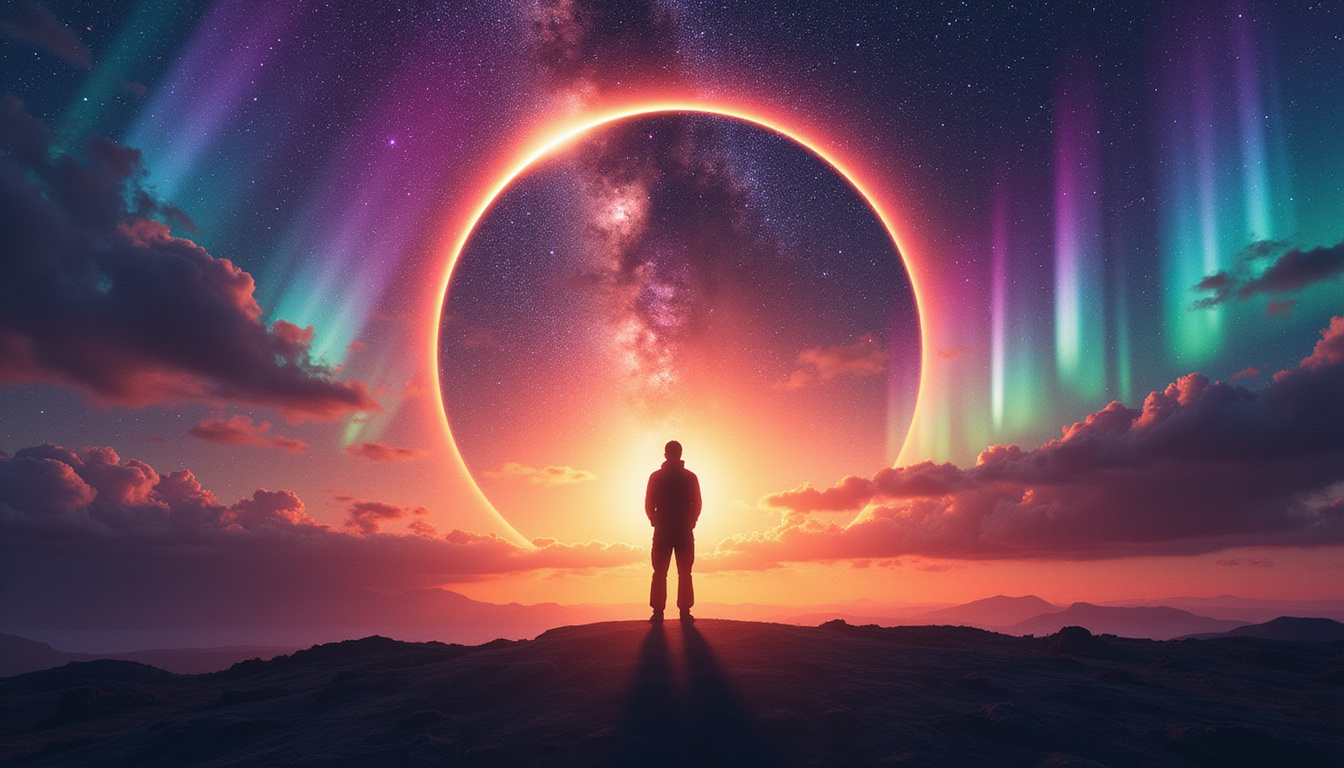 Silhouetted figure bathed in eclipse light, constellations shifting, transformative cosmic aurora