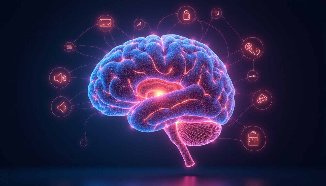 Glowing human brain with memory circuits, icons for audio, visual, tactile, repetition strategies