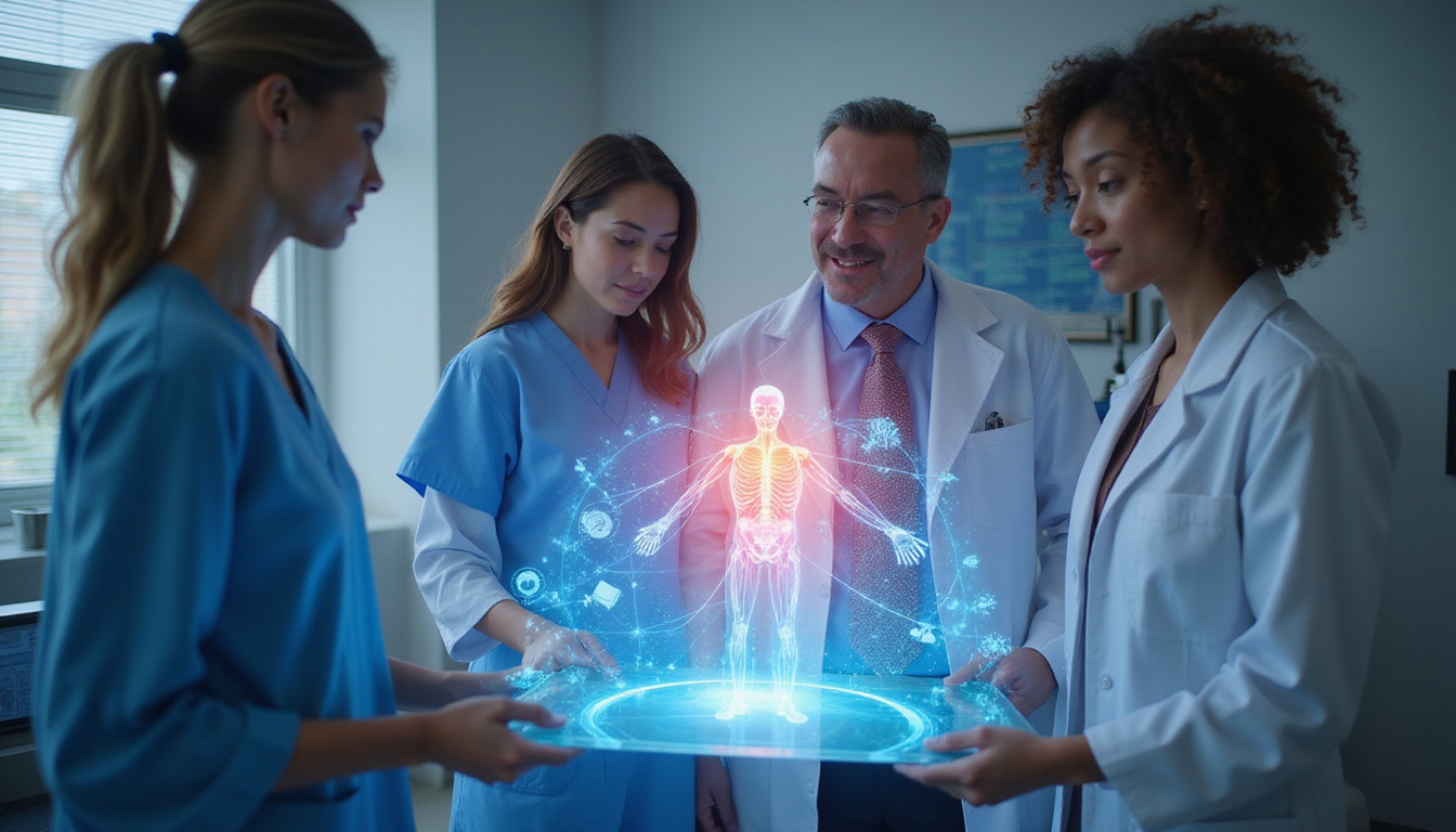 Diverse healthcare team examining holographic compatibility map linking imaging, vitals, diagnostics, compassionate patient-centered care