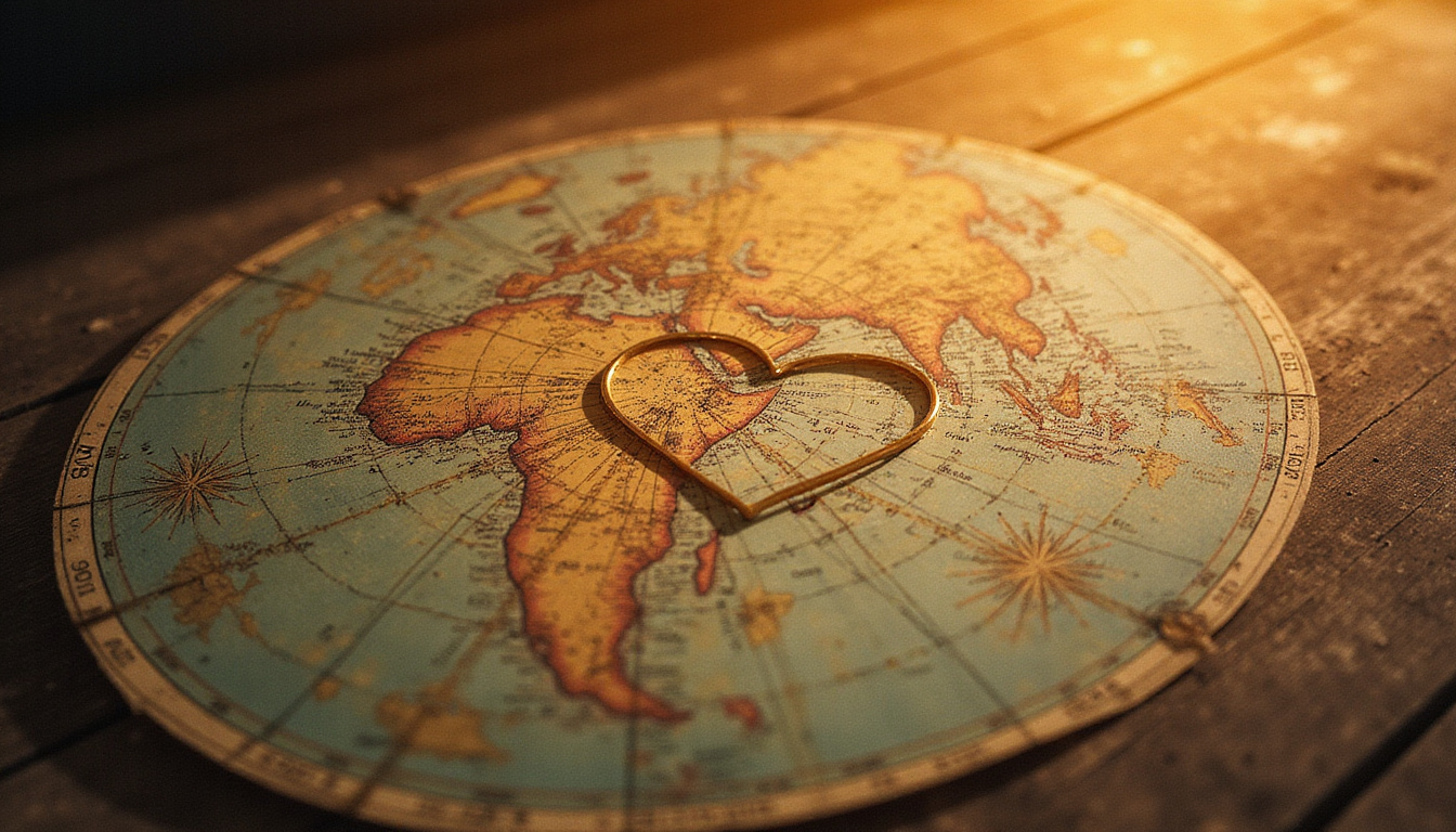 Vintage astrological map with heart-shaped planetary orbits, golden light, romantic surrealism
