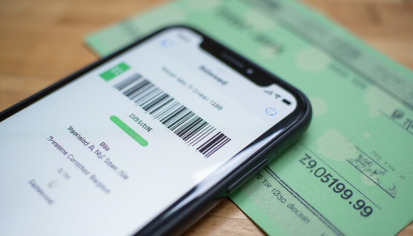  Close-up of smartphone app scanning landfill barcode, discounted receipt, green check, minimalist flatlay