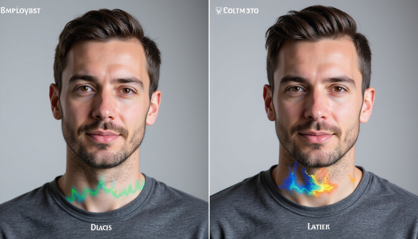  Split-screen runner before and after load correction, heatmap overlays, wearable sensors, determined expression