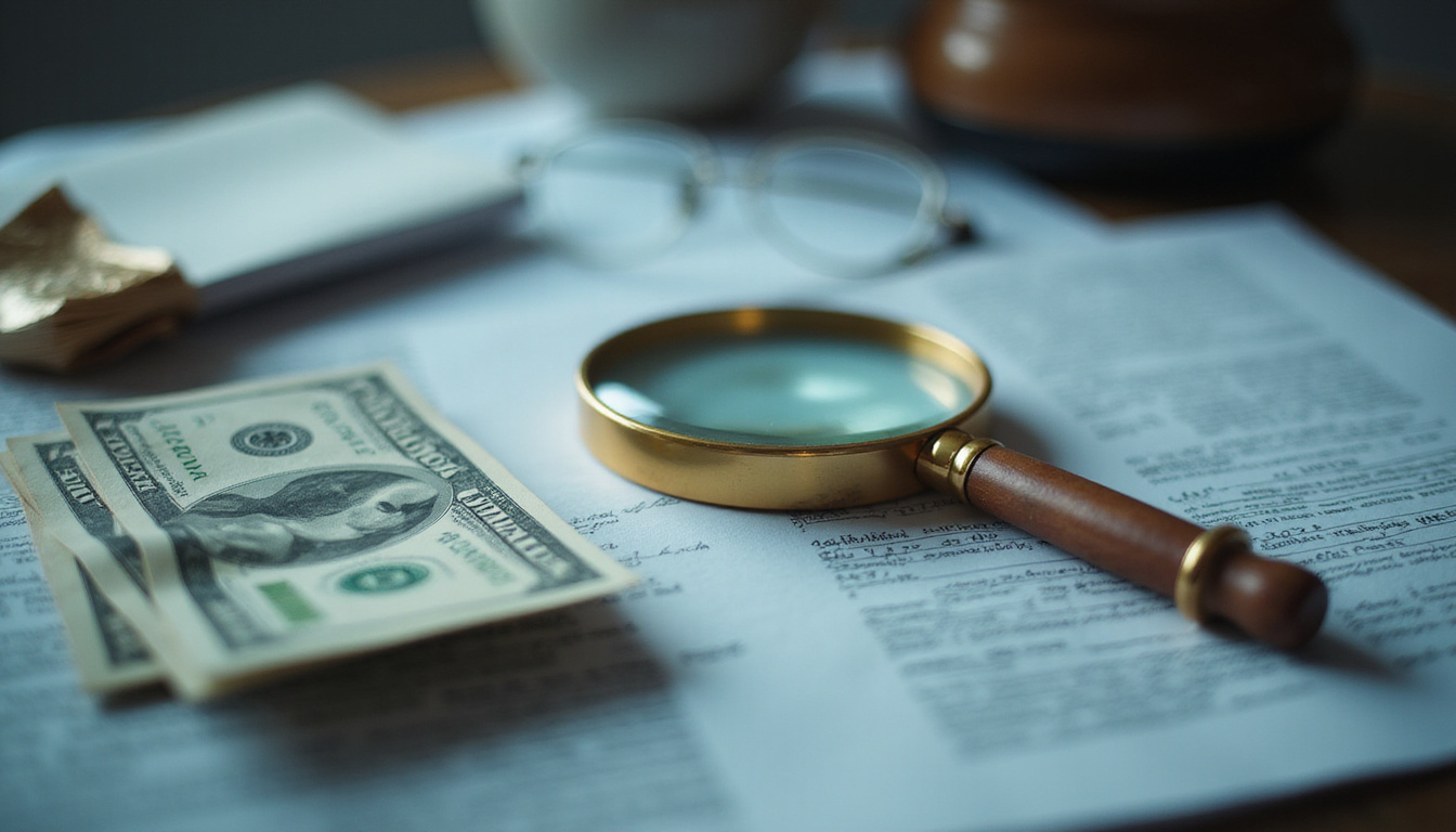 Legal scale with health documents, cash, magnifying glass, dramatic low-key lighting, cinematic realism