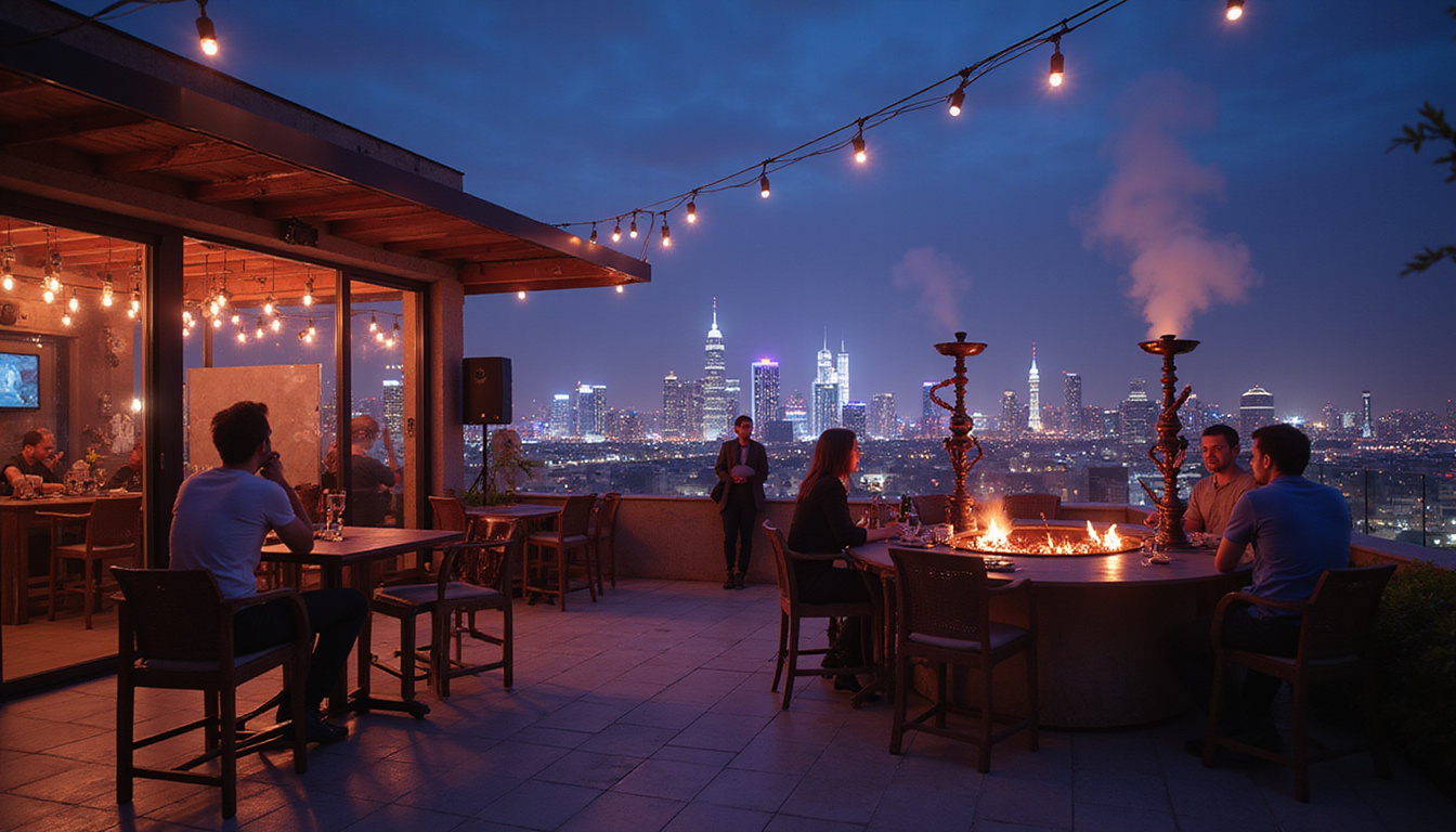 Nightlife scene: rooftop cafe with shisha, live Arabic band, glowing city skyline, warm smoky ambiance