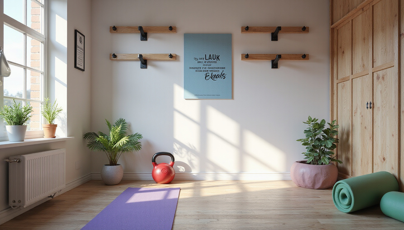  Minimalist tiny room gym, wall mounted racks, yoga mat, kettlebell, inspirational poster, natural sunlight