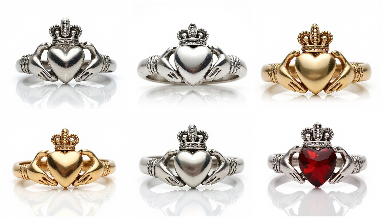  Variety of Claddagh rings displayed: silver, ornate filigree, braided bands, hands demonstrating wearing positions
