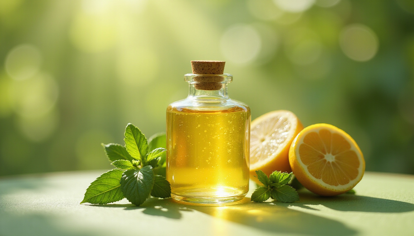  Antique glass jar of golden lemon balm serum, radiant skin, calming green glow