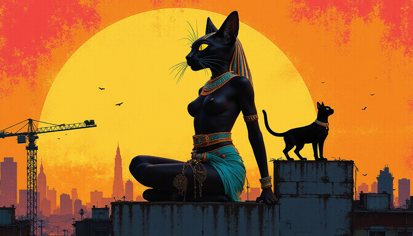  Bastet cat goddess silhouette on rooftop, urban worshippers, pharaonic symbols merging with street art