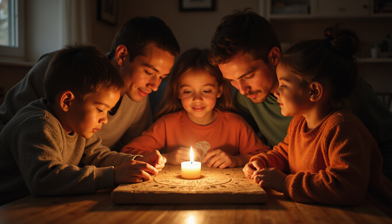  Candlelit family circle around carved tablet, luminous threads connecting generations, transformative light