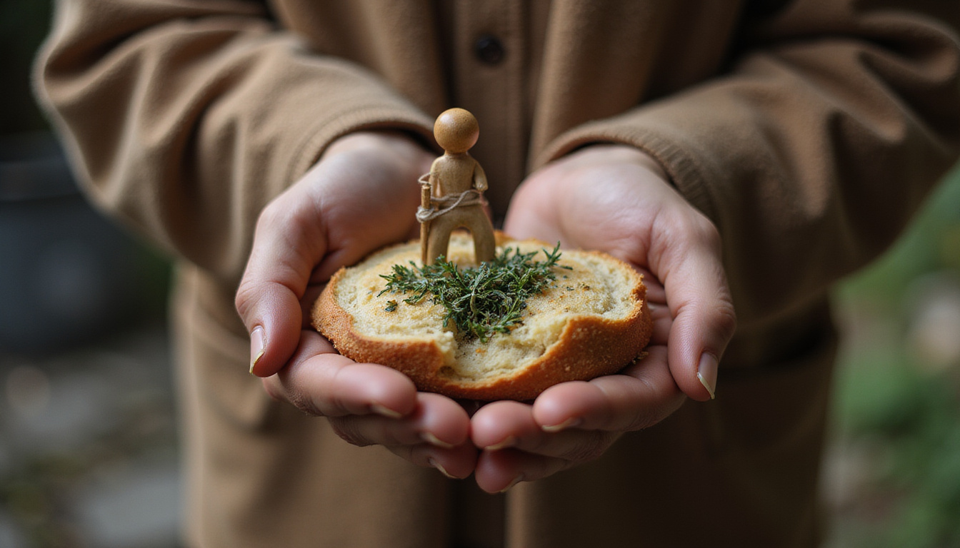  Elderly hands leaving simple offerings: bread, herbs, small wooden figurine, incense smoke