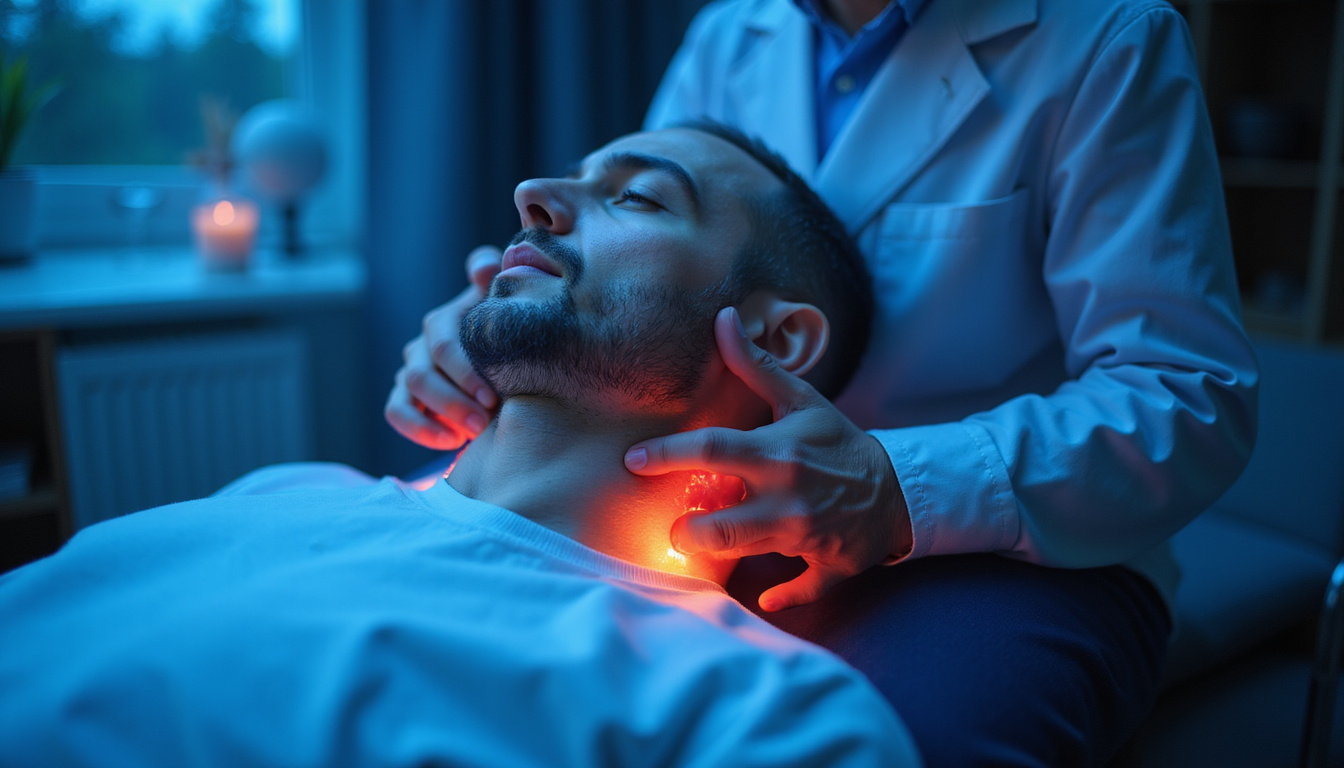 Physical therapist guiding man through cervical nerve traction, calming blue light, pain dissolving visualization